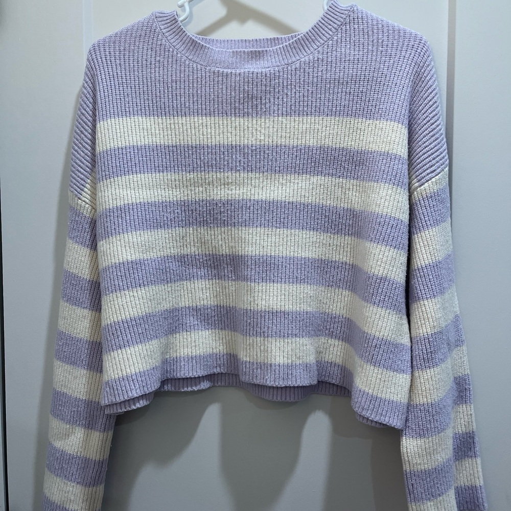 Striped Lavender and Cream Cropped Sweater